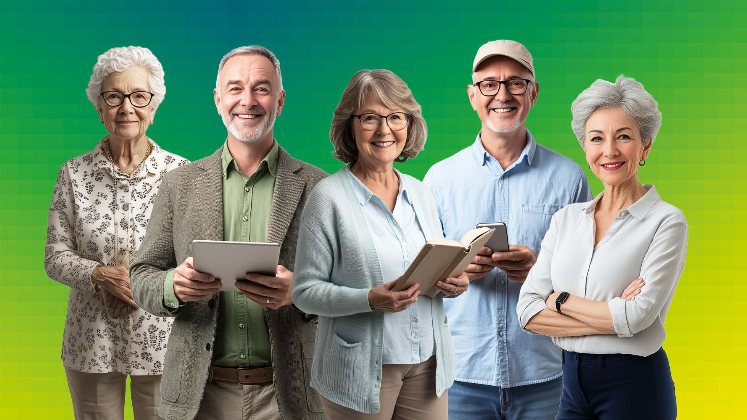 Immagine generata dall'intelligenza artificiale: quattro anziani in piedi uno accanto all'altro che sorridono alla telecamera.